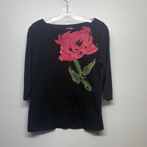 St. John's Bay Black and Pink Long Sleeve Rose Shirt SIZE M